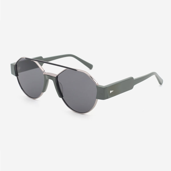 Geometric Round Metal and Acetate Unisex Sunglasses 24M7022